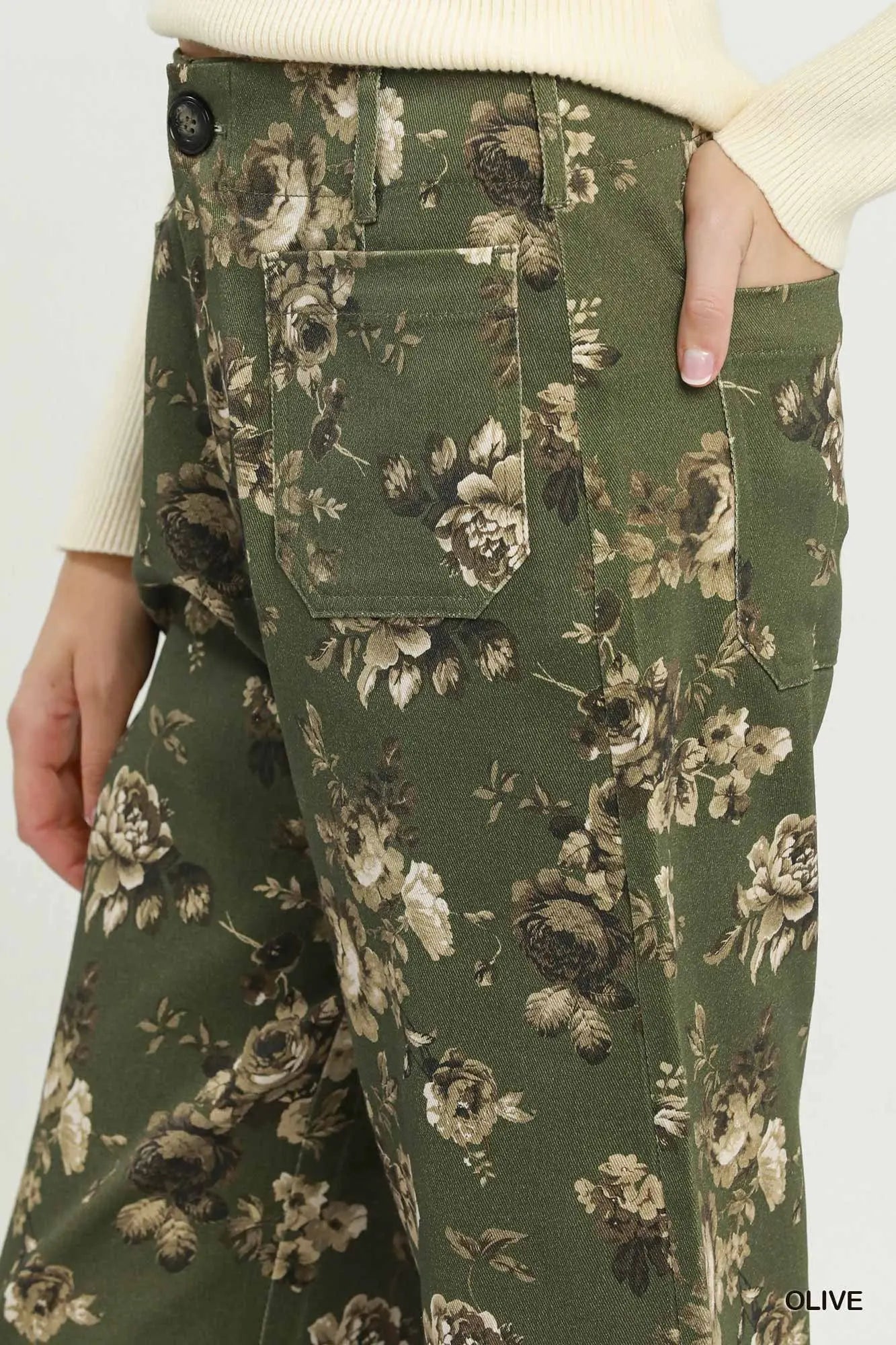 Olive Floral Print Wide Leg Cropped Pants