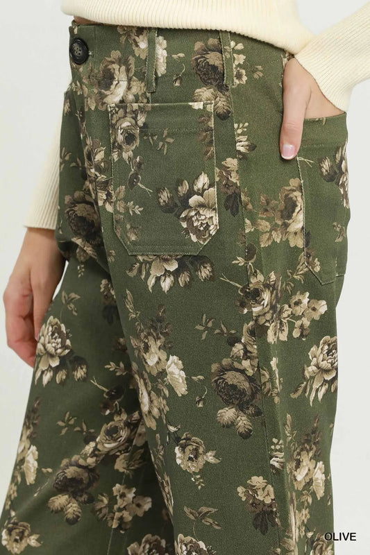 Olive Floral Print Wide Leg Cropped Pants