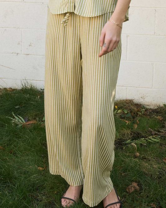 Olive Stripe Wide Leg Drawstring Linen Pants