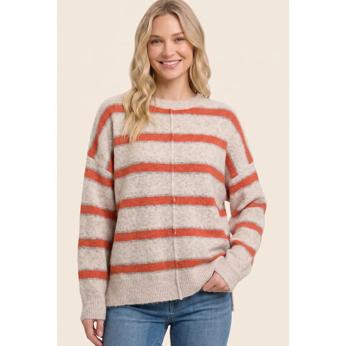 Orange Pintucked Center Striped Sweater