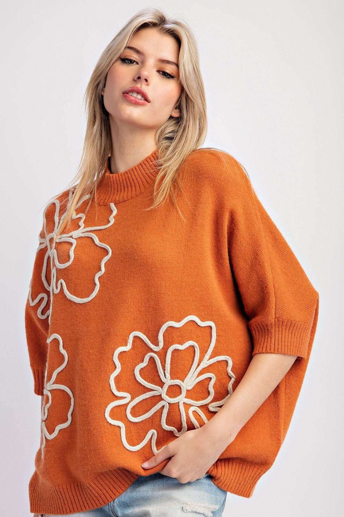 Rust Flower pattern knit sweater top