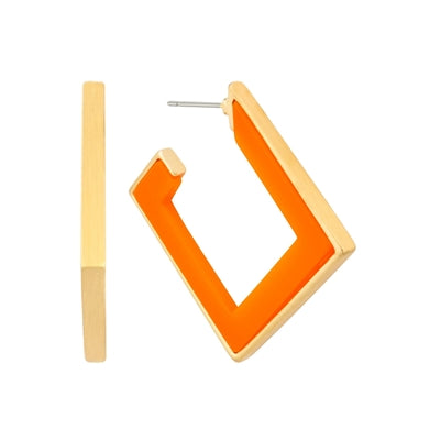 Orange Acrylic and Gold Squared Hoop 2" Earring