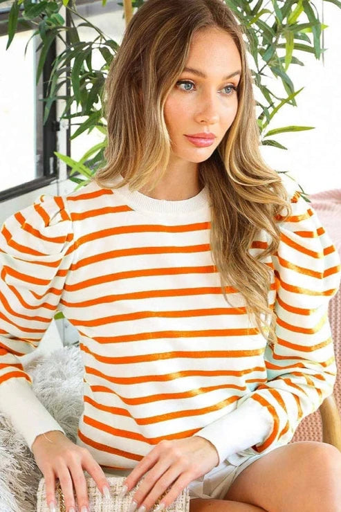 Orange Crew Neck Puff Sleeve Striped Knitted Sweater Top