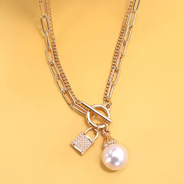 Pearl Lock Charm Double Layer Toggle Necklace