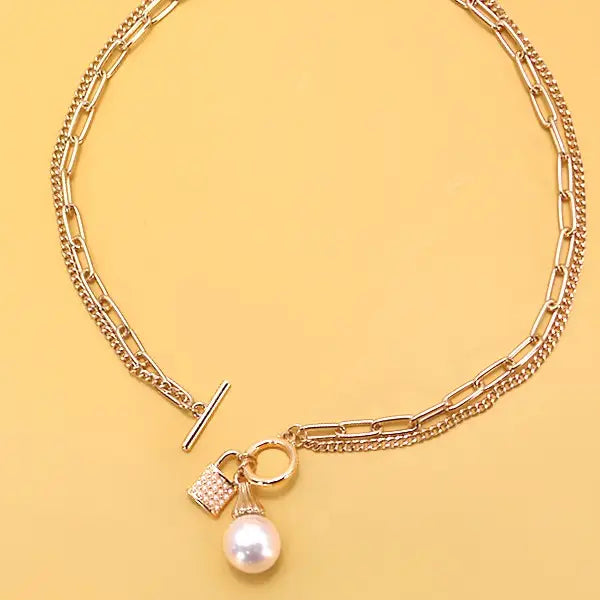 Pearl Lock Charm Double Layer Toggle Necklace