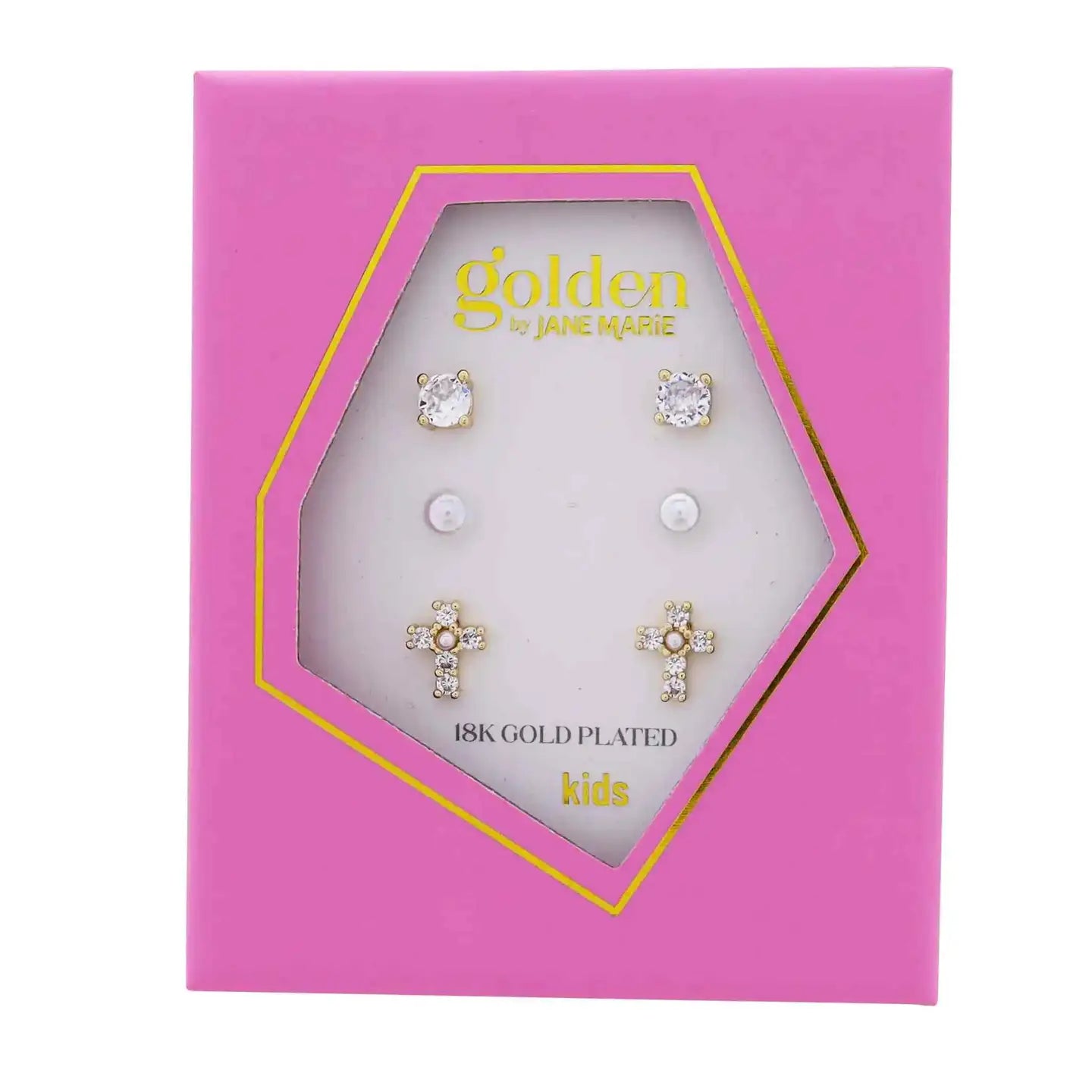Kids Gold Set of 3, Clear Crystal Circle, Pearl, Clear Cryst