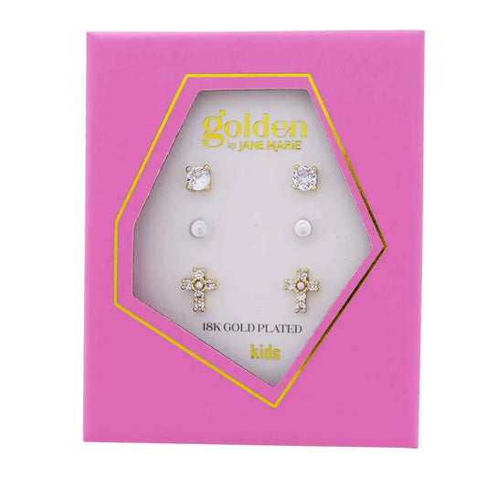 Kids Gold Set of 3, Clear Crystal Circle, Pearl, Clear Cryst