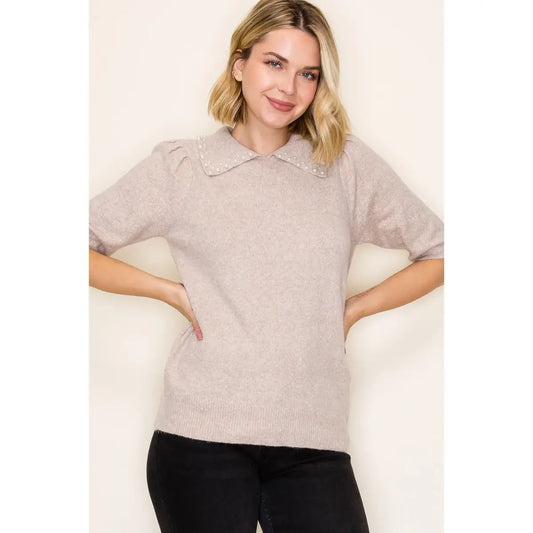 Pearl Trim Short Sleeve Sweater