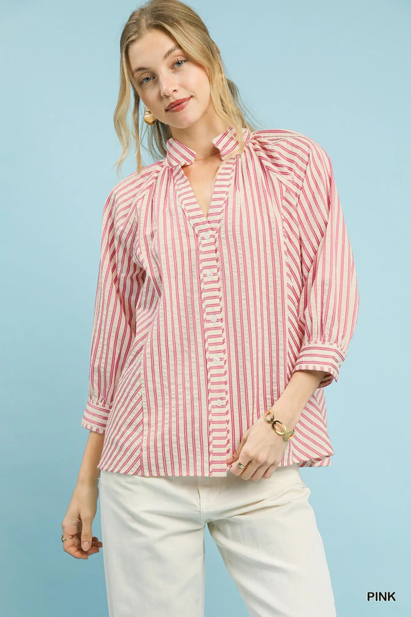 Pink Striped V neck button down top