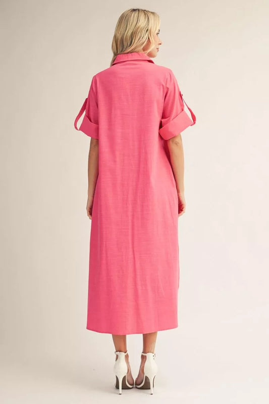 Fuchsia Pink button down midi dress