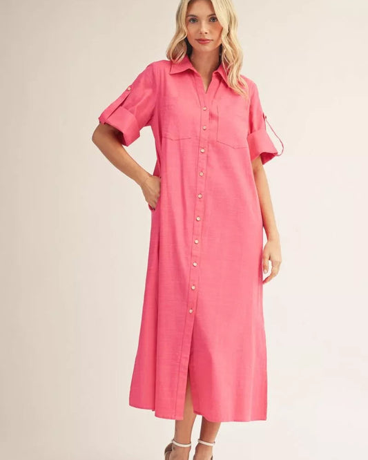 Fuchsia Pink button down midi dress