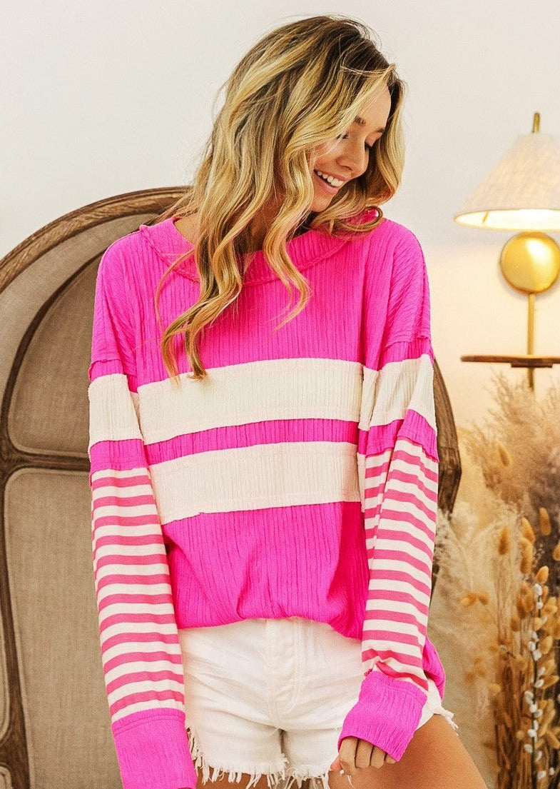 Bright Pink raw edge crinkle pullover