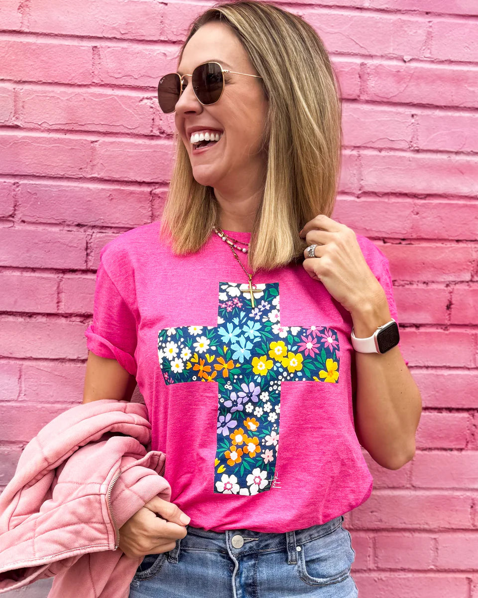 Pink Floral Cross Graphic Tee