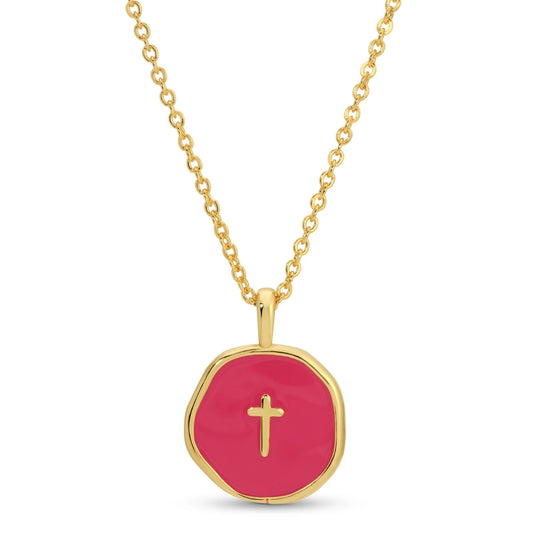 Pink Round Cross Pendant Necklace