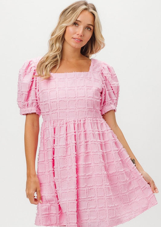 Pink Jacquard Woven Puff Dress