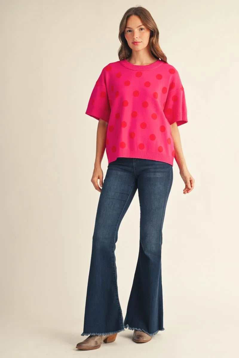 Hot Pink Polka Dot short sleeve sweater
