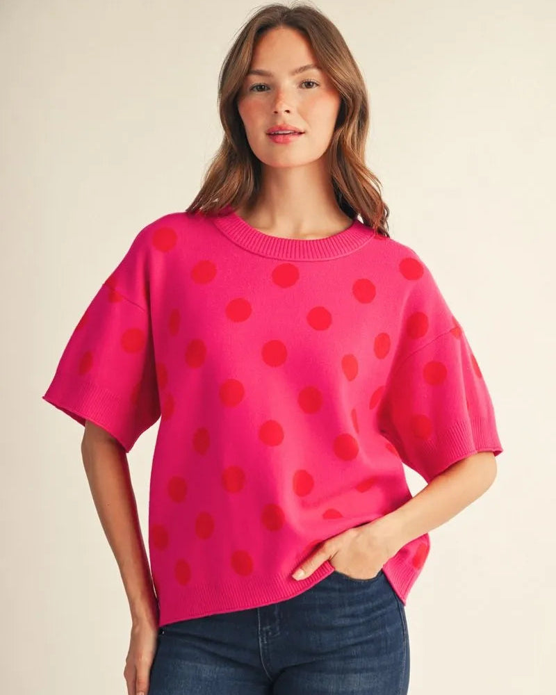 Hot Pink Polka Dot short sleeve sweater