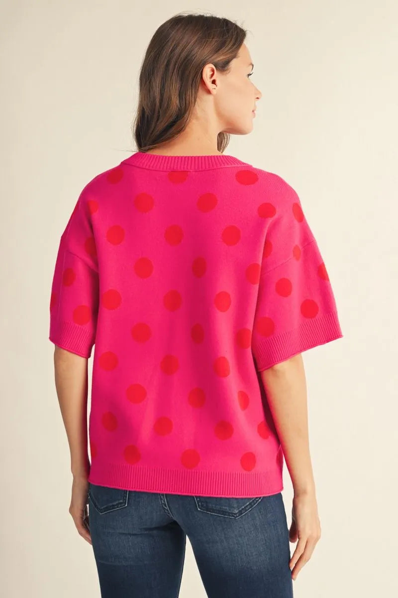 Hot Pink Polka Dot short sleeve sweater