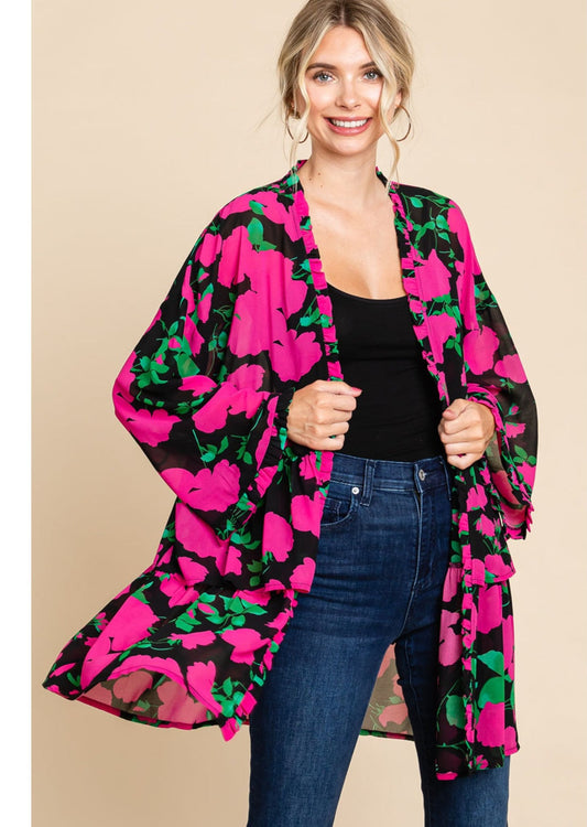 Pink Floral Chiffon Cardigan with Frilled detail