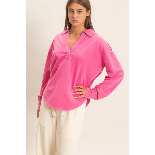Pink Mineral Washed Polo Collar Long Sleeve Top