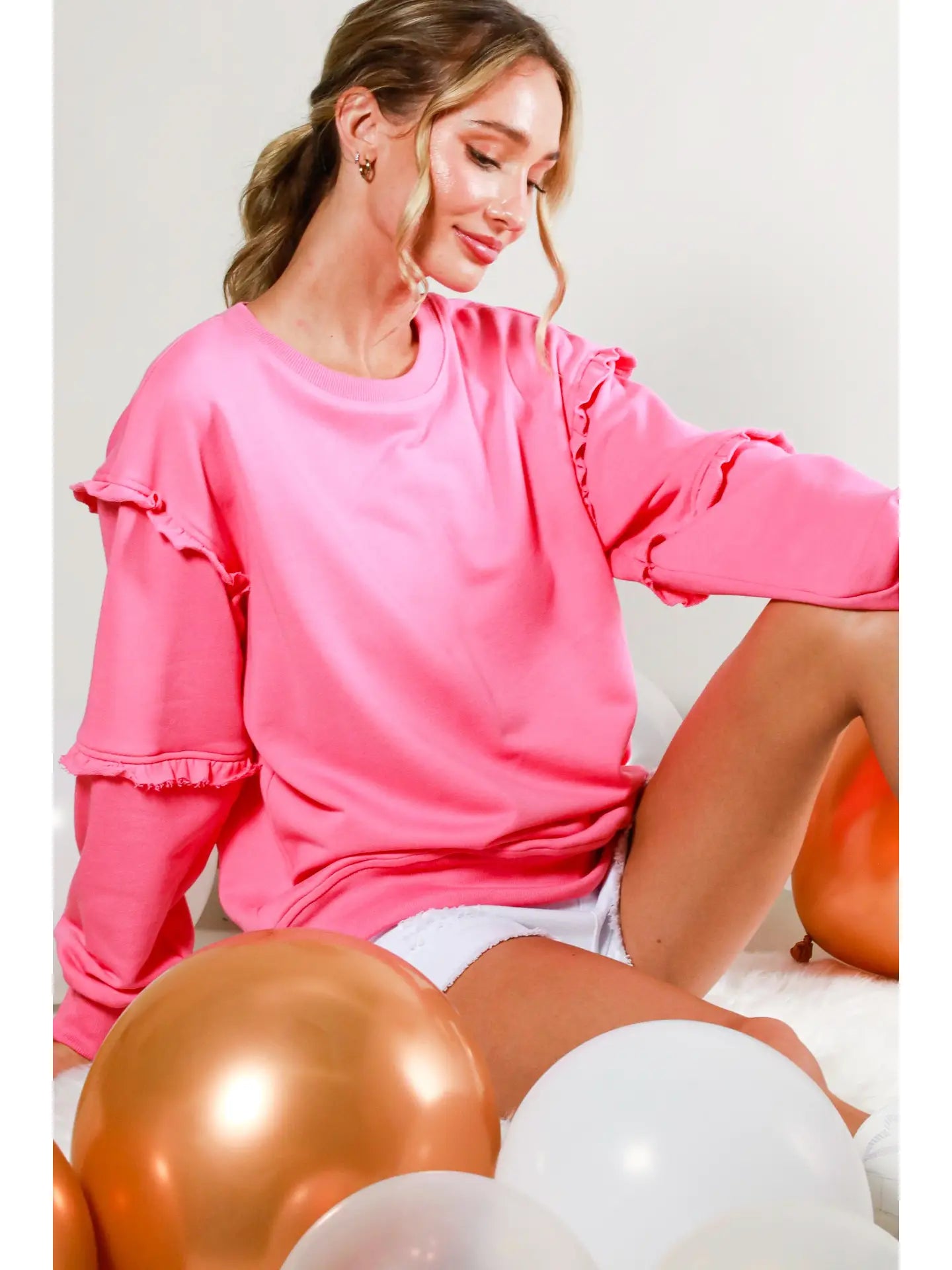 Pink Crew Neck Ruffle Detail French Terry Sweatshirt