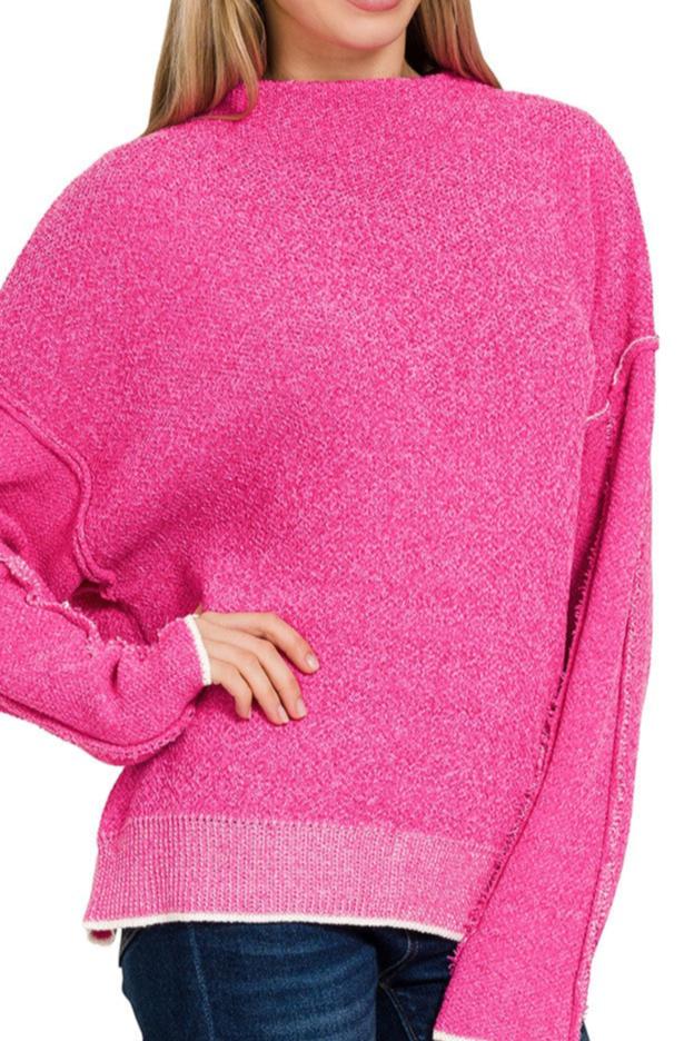 Bright Pink oversized mock neck raw hem sweater