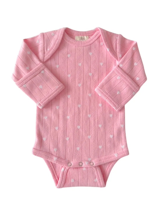 Pink with White Heart / Organic Pointelle Long Sleeve Bodysuit
