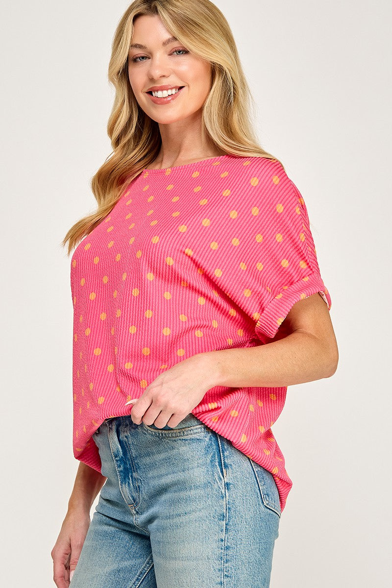 Pink and orange polka dot ribbed top