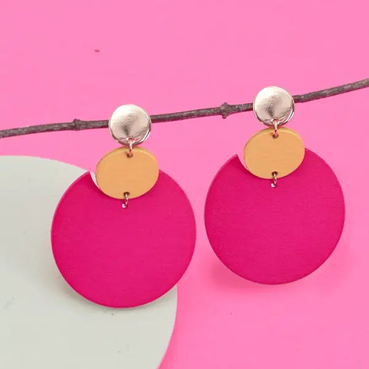 Pink Geo Double Circle Wood Earrings