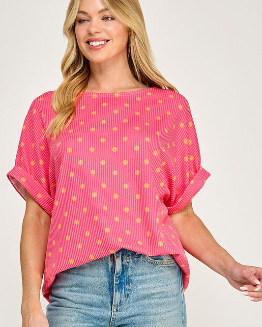 Pink and orange polka dot ribbed top