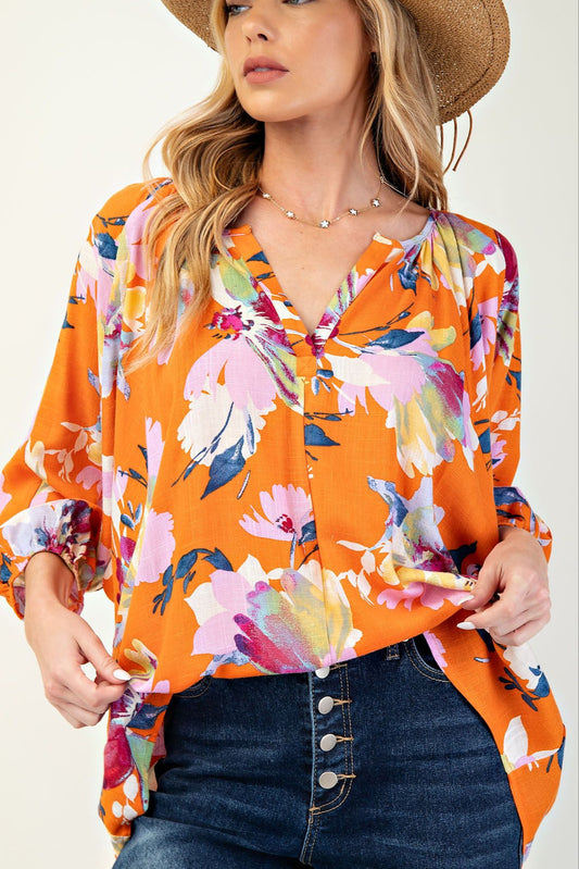 Orange Printed Rayon linen top - Plus
