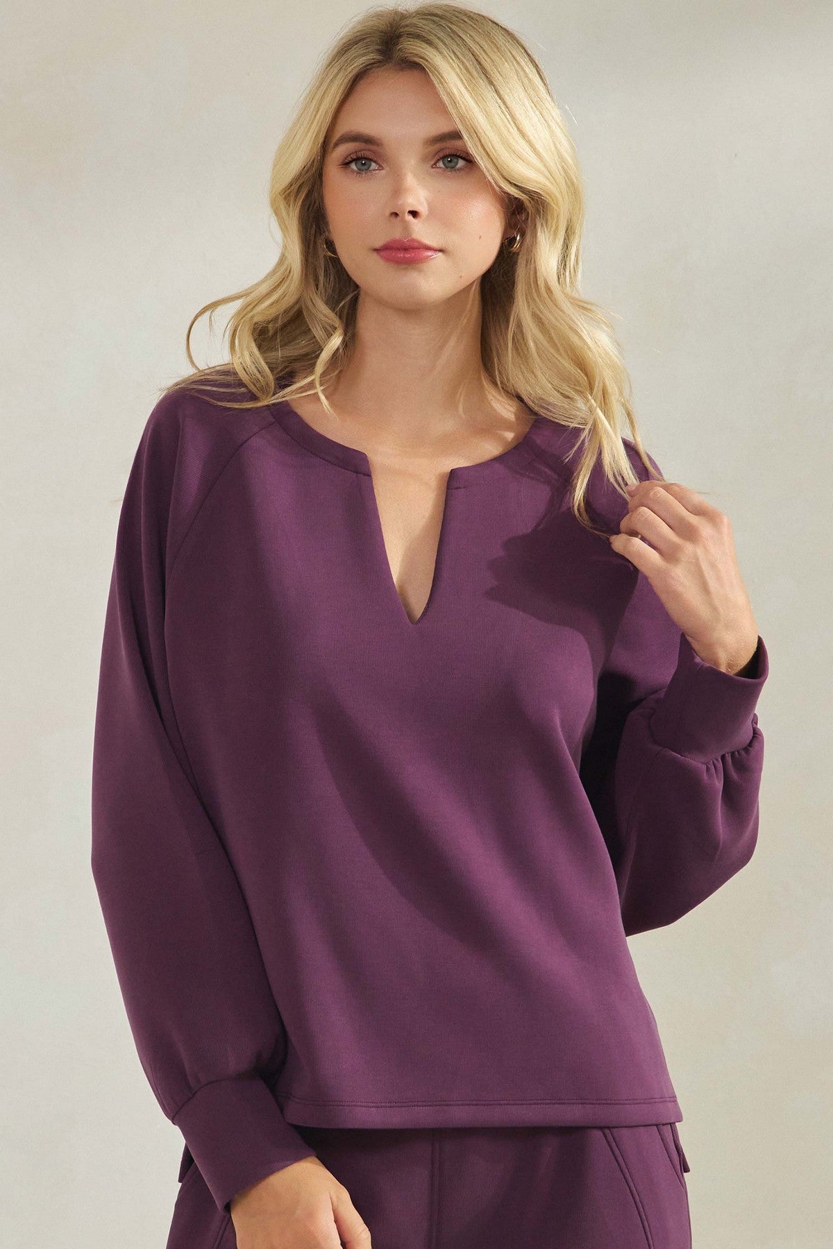 Plum Sofie Soft Split Neck Raglan Long Sleeve Loose Fit Top