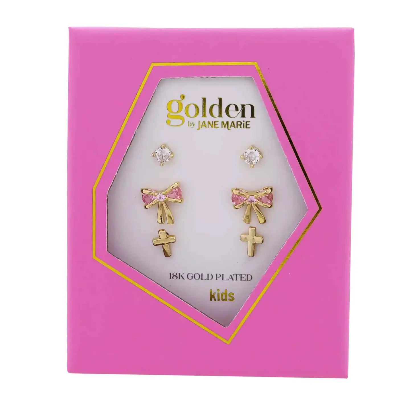 Kids Gold Set of 3, Clear Crystal Circle, Pink Crystal Bow
