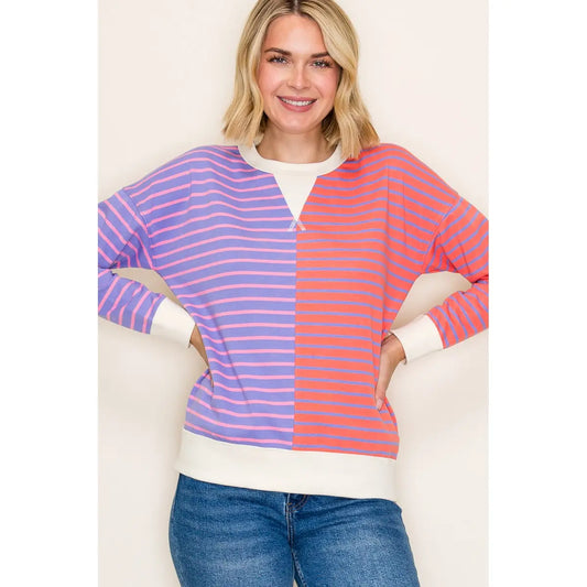 Purple Color Trimmed Stripe Blocked Sweatshirt