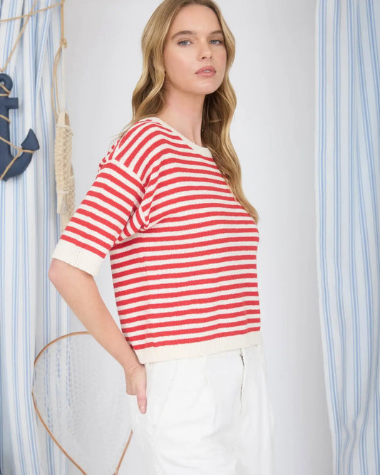 Red Stripe Contrast Trim Short Sleeve Knit Sweater button back
