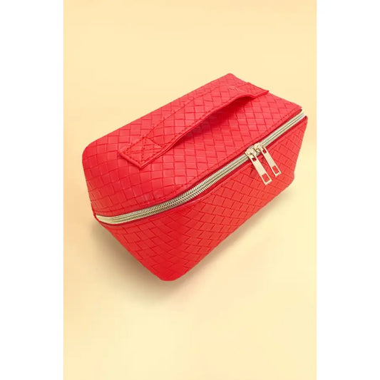 Red Faux Leather Open Flat Cosmetic Makeup Pouch Bag