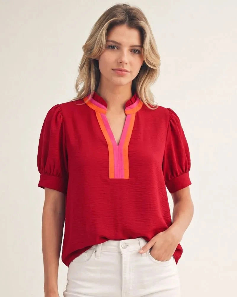 Red Short Sleeve Top with orange and pink