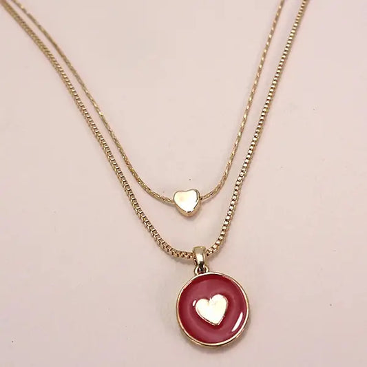 Double Row Red Epoxy Gold Heart Necklace