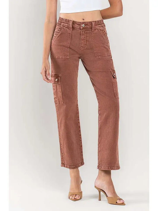 Red Brick High Rise Patch Pocket Cargo Straight Jeans