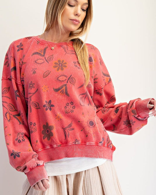 Red Floral Boho Print Pullover