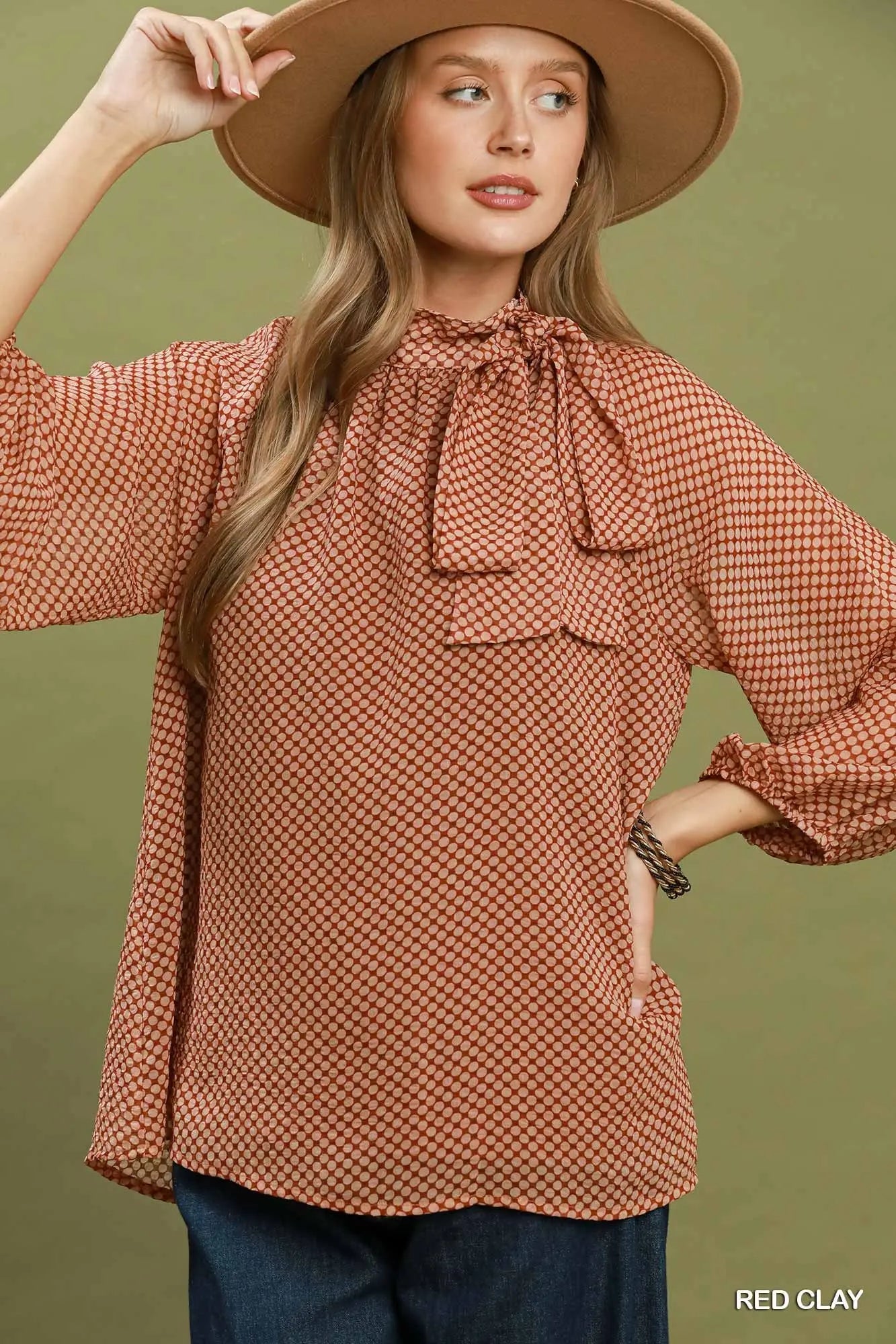 Clay Dot Print Long Sleeve Top