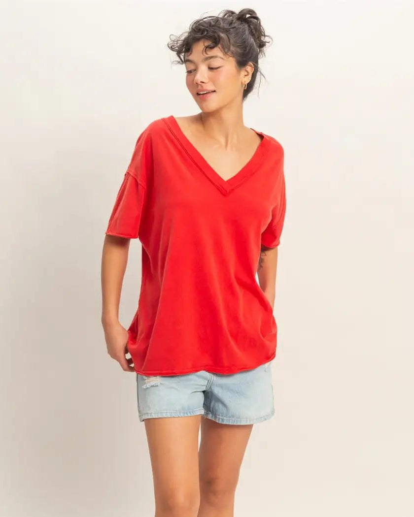 Red Washed V-Neck Oversized Tee
