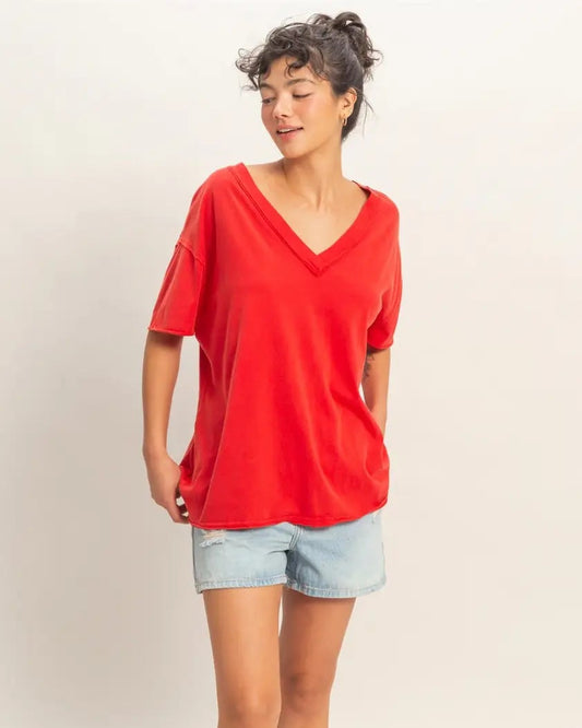 Red Washed V-Neck Oversized Tee