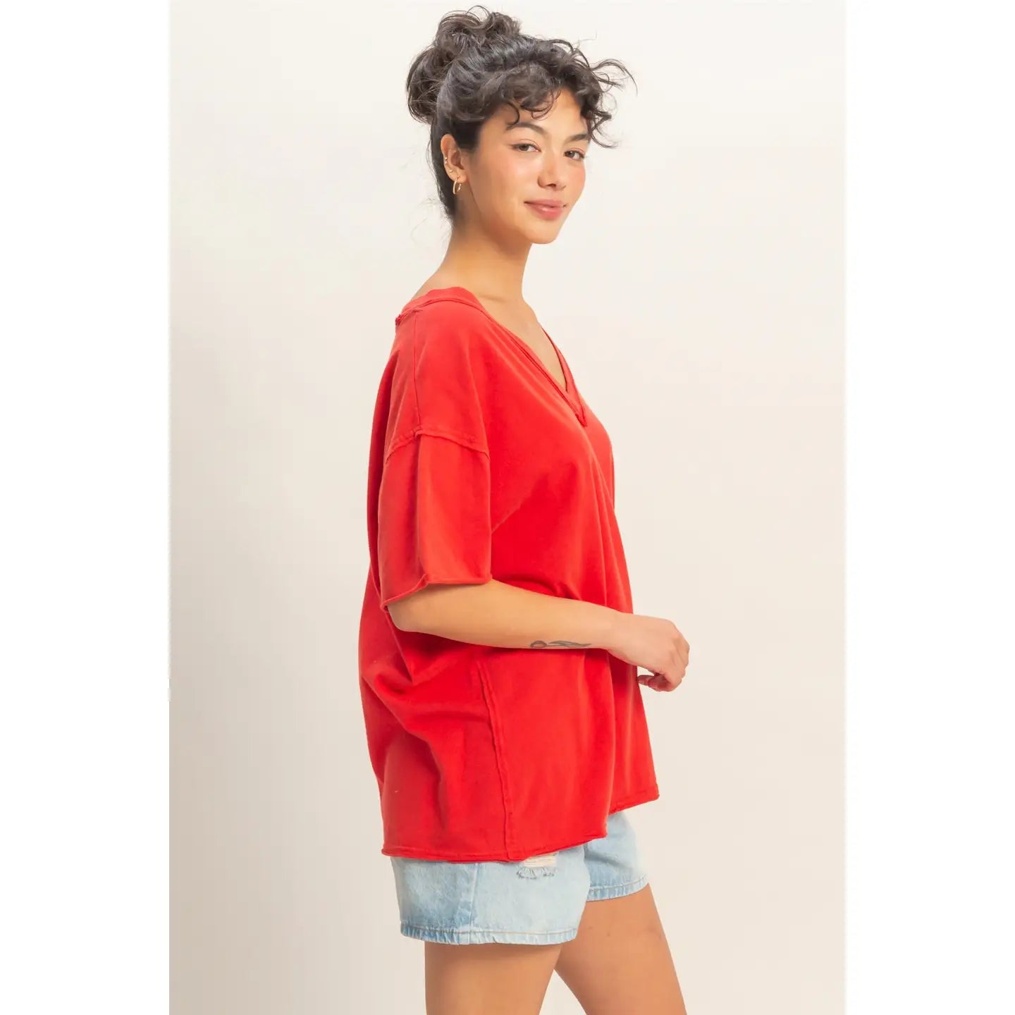 Red Washed V-Neck Oversized Tee