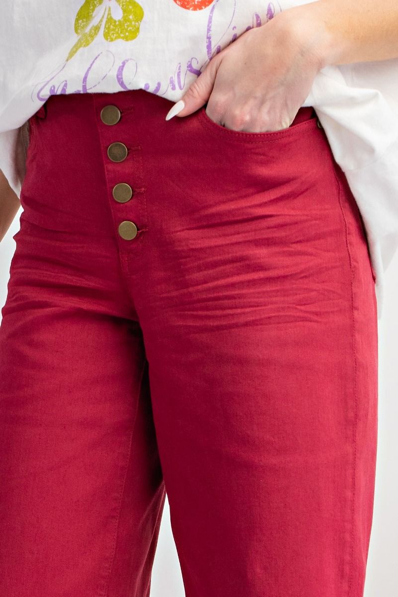 Red Button Front Stretch Twill Pants