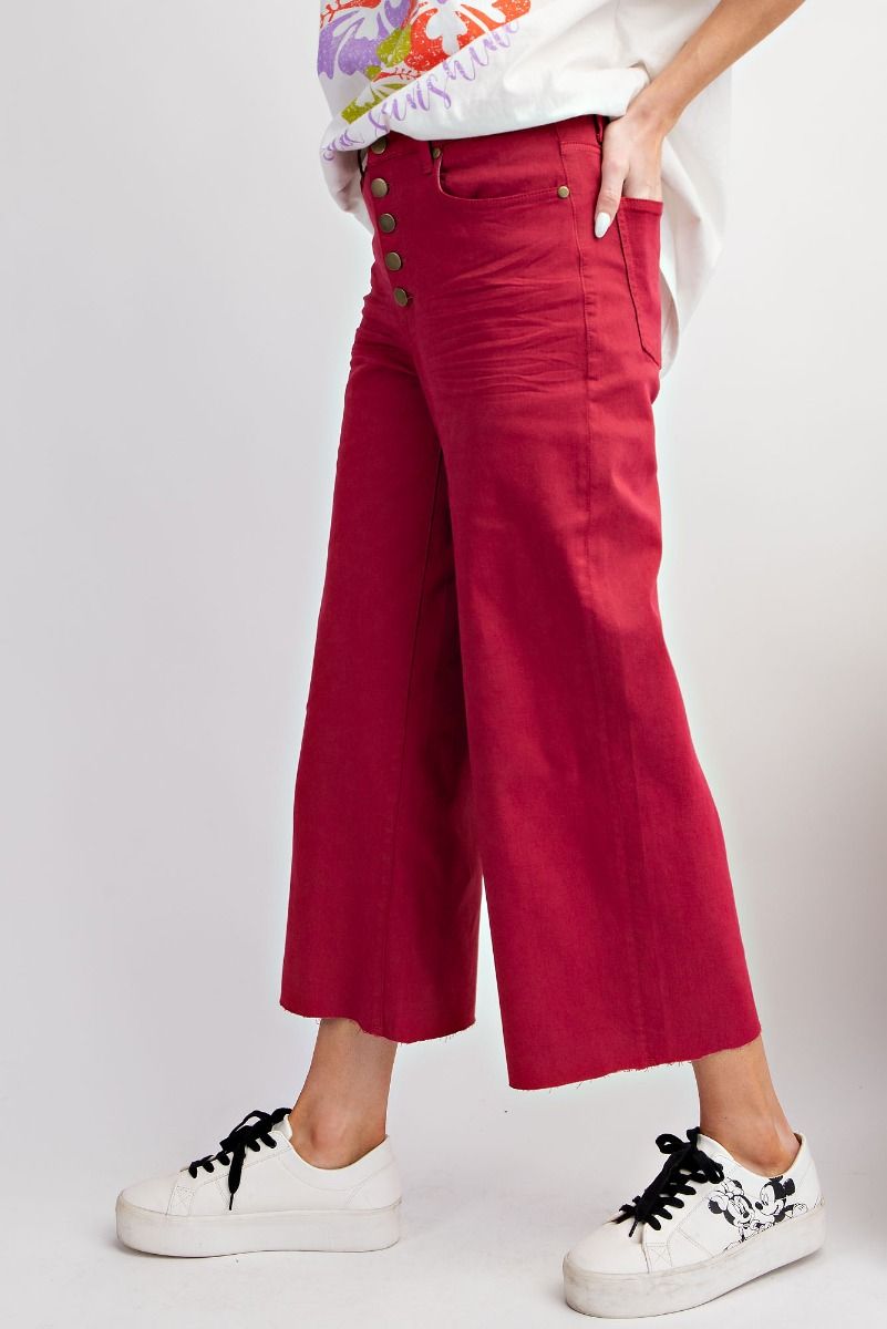 Red Button Front Stretch Twill Pants