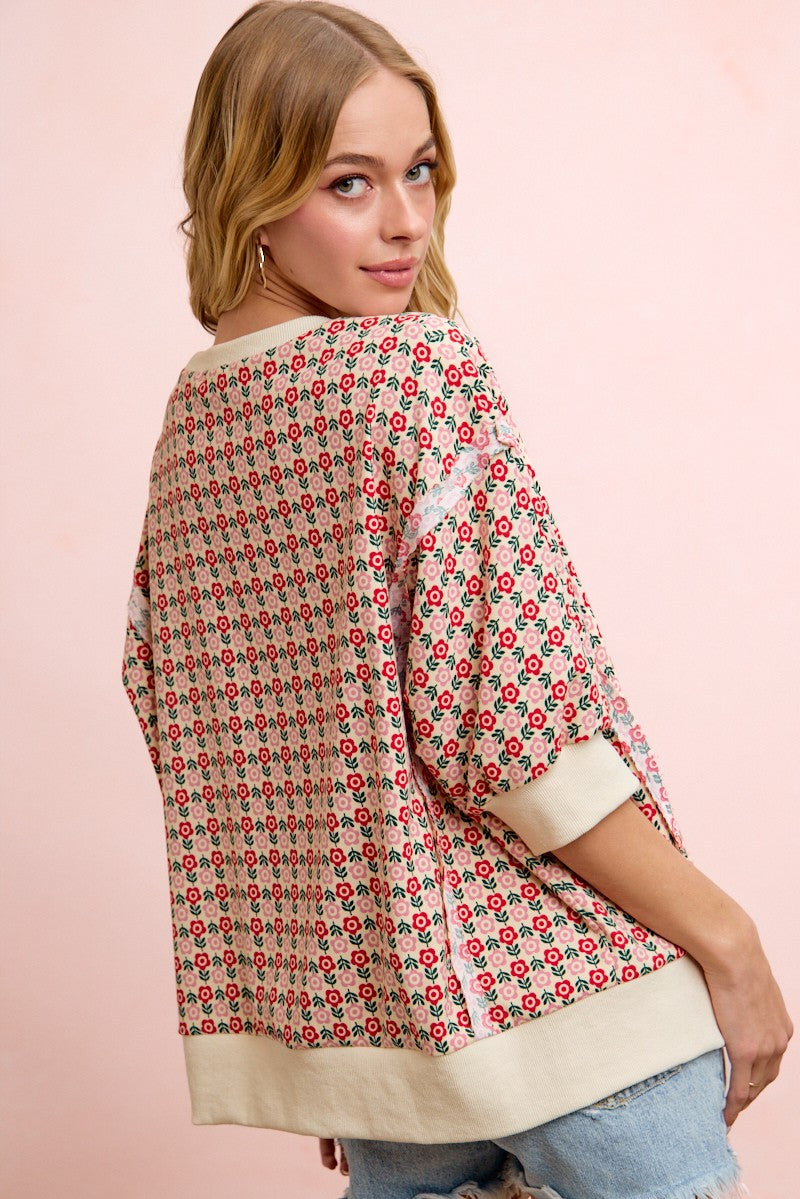 Flower Printed Openseam Detail Quarter Sleeve Top