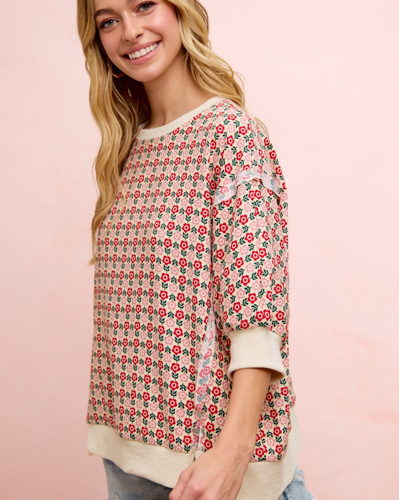 Flower Printed Openseam Detail Quarter Sleeve Top