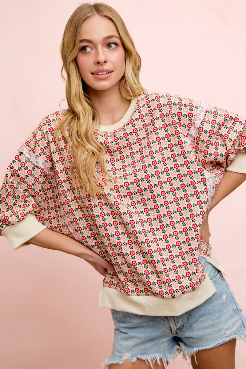 Flower Printed Openseam Detail Quarter Sleeve Top