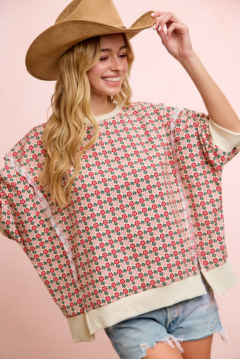 Flower Printed Openseam Detail Quarter Sleeve Top